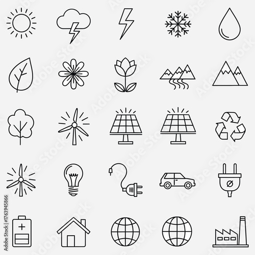 Comprehensive collection of line art vector icons for environmental sustainability, renewable energy, ecological elements, and eco-friendly technology solutions