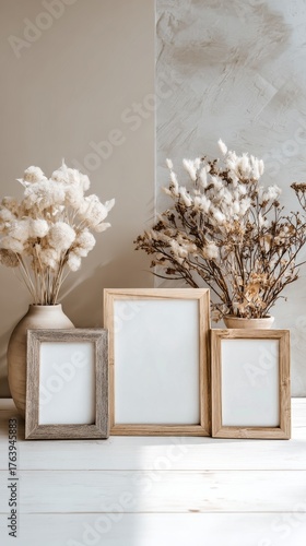 Decor With Empty Frames and Dried Flowers in Natural Tones During Bright Afte...
