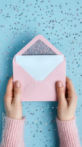 Holding a Pink Envelope With Glittery Confetti on a Light Blue Background Dur...