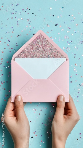 Elegant Pink Envelope Held by Hands Above a Sparkling Background of Colorful ...