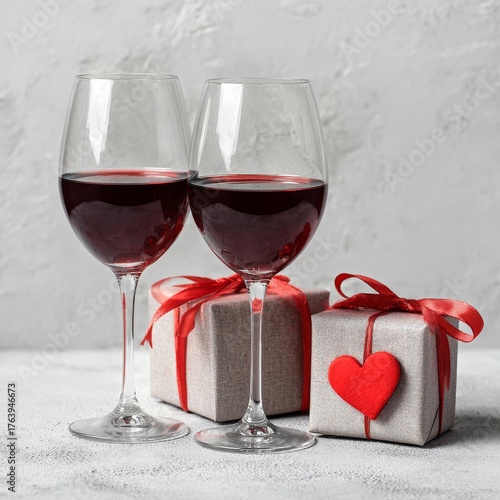Two Glasses of Red Wine With Gift Boxes on a Light Gray Surface for a Romanti...