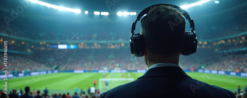 Sports commentator broadcasting live from stadium. Man wears headphones, provides audio commentary during soccer game. Crowd watches football match at night. Media, news reporter, broadcasting