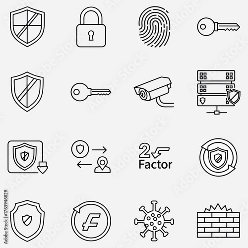 Cyber Security Icons Set Shield, Lock, Key, Fingerprint, Surveillance Camera, Server, Firewall, and Virus Protection