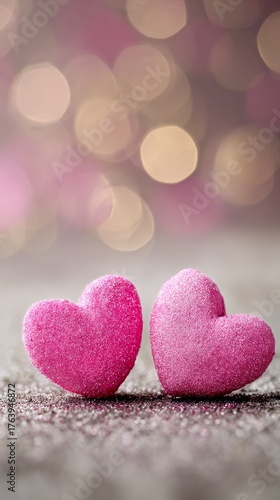 Two Sparkling Pink Heart Shapes Placed on a Soft Surface With Bokeh Background