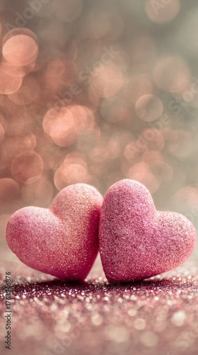 Two Sparkling Pink Heart Shapes Placed on a Soft Surface With Bokeh Background