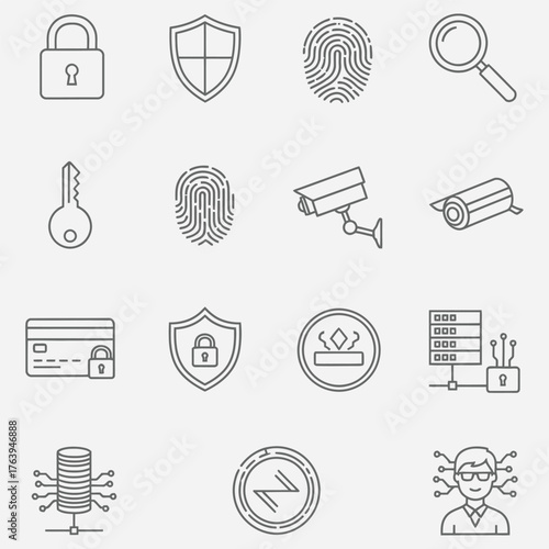 Security Icons Digital Protection, Surveillance, and Identification Collection for Online Safety