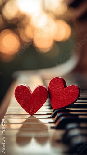 Wooden Hearts Rest on Piano Keys Creating a Warm Atmosphere During a Cozy Eve...
