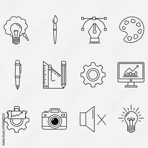 Line art icon set illustrating creativity, design, and tools related to the graphic arts