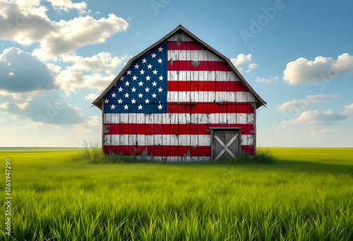The American flag painted boldly on a weathered wooden barn wall the colors slightly faded by sun and rain stands out against a field of green grass