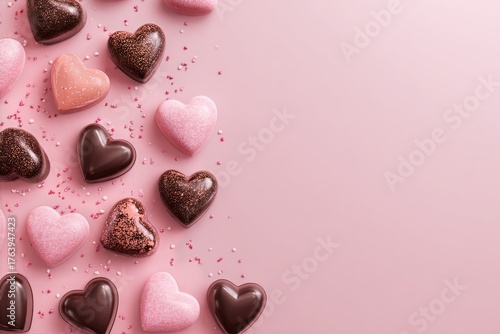 Heart-shaped Chocolates Scattered on a Pink Background for Sweet Celebrations...
