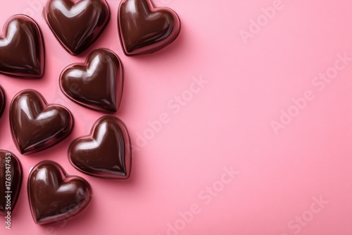 Delicious Dark Chocolate Heart Candies on a Pink Background for Sweet Celebra...