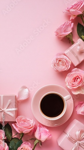 Coffee and Pink Roses With Gifts on a Soft Pink Background for a Celebration