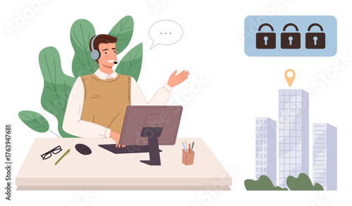 Male support representative wearing a headset, speaking at a desk with a computer, surrounded by security and privacy locks. Ideal for remote work, IT support, security, privacy, customer service