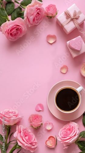 Coffee and Pink Roses With Gifts on a Soft Pink Background for a Celebration