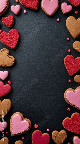 Colorful Heart-Shaped Cookies Arranged Beautifully on a Dark Surface for a Fe...