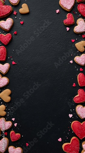 Colorful Heart-Shaped Cookies Arranged on a Dark Surface for Special Occasions