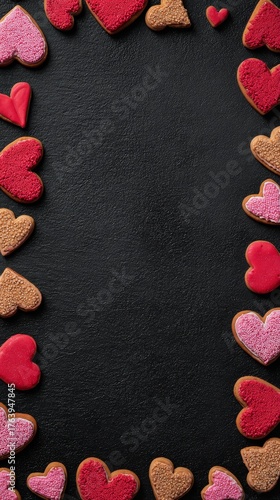 Colorful Heart-Shaped Cookies Arranged on a Dark Surface for Special Occasions