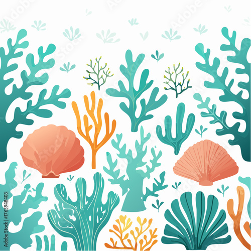 Vibrant underwater coral reef ecosystem with diverse marine flora and fauna in an array of soft pastel colors