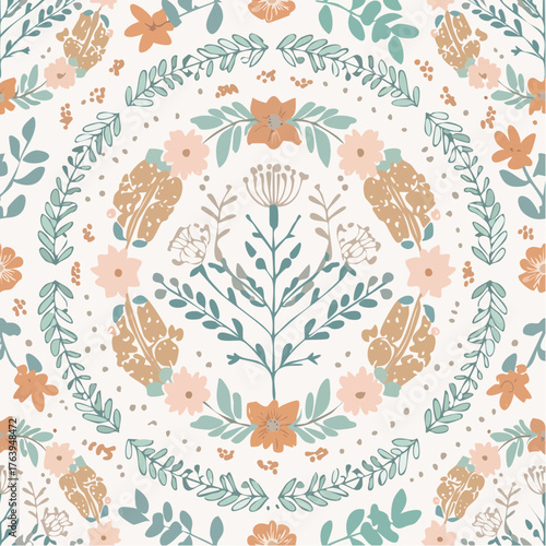 Floral Pattern with Delicate Flowers and Leaves in a Circular Design for Fabric or Wallpaper