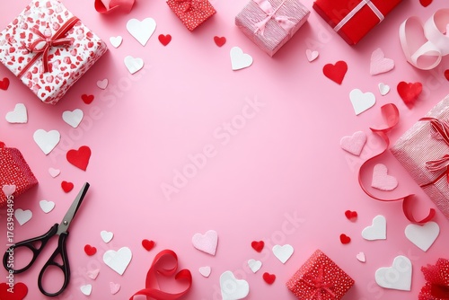 Colorful Heart-Shaped Decor With Gifts on a Pink Background for Celebrations