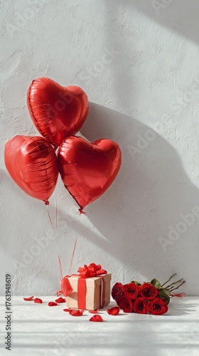 Celebration With Red Heart Balloons and a Gift on a White Table With Roses