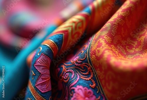 Close-Up Exploration of Vibrant Fabric Patterns Detailed Textures and Intricate Weaves in Electric Colors