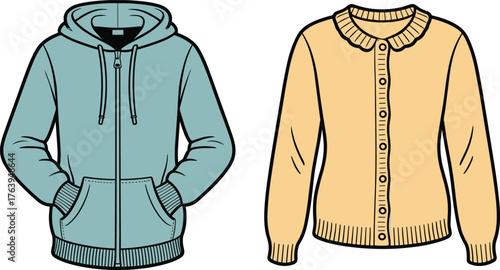 Hoodie and cardigan comparison, casual outerwear styles, fashion garment flatlay, cad drawing vector illustration, minimal design, clothing texture