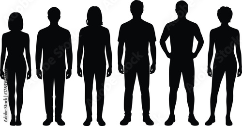 Human body silhouettes, diverse shapes, male female forms, posture study, fashion reference, black figures, white background, anatomy, casual clothing, diversity
