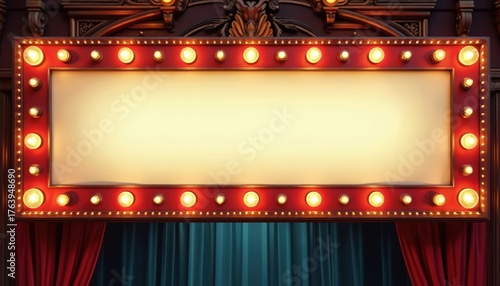 Vintage illuminated marquee sign with blank space. Retro design with light bulbs, perfect for text placement. Theatre, cinema, event promotion. Announcement board for showtime, party festival.