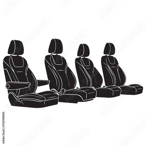 Four black car seats arranged in a row, isolated on transparent background