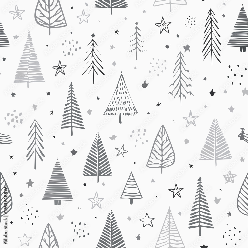 Obraz premium Seamless Pattern of Hand-Drawn Christmas Trees and Stars on a White Background, Ideal for Festive Decorations and Holiday Designs