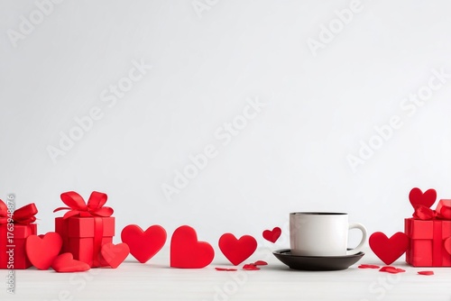 Red Hearts and Gifts Surrounding a Cup on a Simple Table Setting for a Love C...