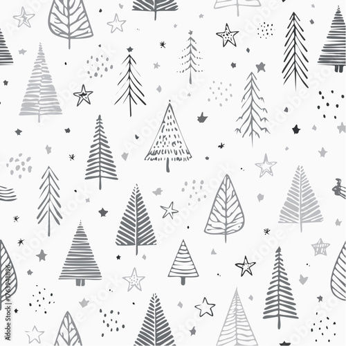 Seamless Pattern of Hand-Drawn Christmas Trees and Stars on a White Background, Ideal for Festive Decorations and Holiday Designs