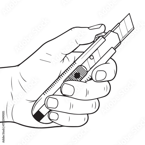 Hand holding a utility knife isolated on transparent background
