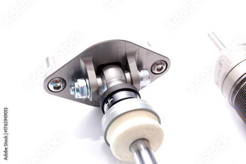 Close-Up of Spherical Bearing Mount on Racing Shock Absorber