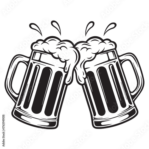 Two mugs of beer clinking together with frothy heads isolated on transparent background