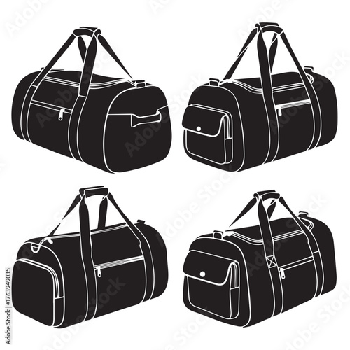 Four different views of a black duffel bag isolated on transparent background
