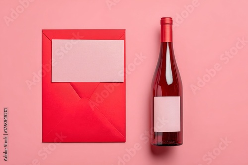 Gift Set With Wine Bottle and Red Envelope on Pink Background Ready for Speci...