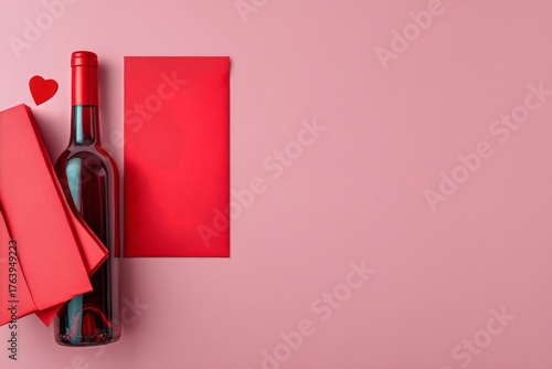 Gift Set With Wine Bottle and Red Envelope on Pink Background Ready for Speci...