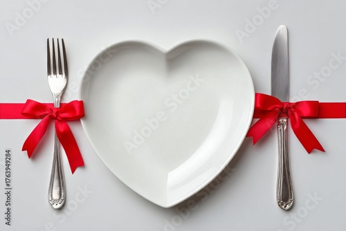 Elegant Heart-Shaped Plate With Silver Utensils and Red Ribbons for a Romanti...