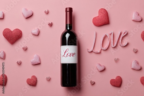Red Wine Bottle Surrounded by Pink Hearts for Romantic Occasions and Celebrat...