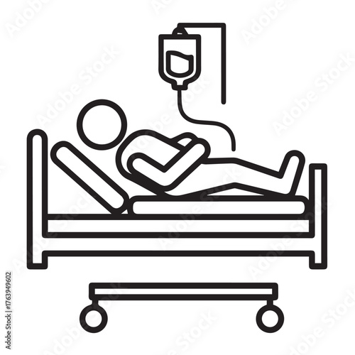 Patient in hospital bed with intravenous drip, isolated on transparent background