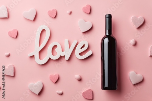 Red Wine Bottle Surrounded by Pink Hearts for Romantic Occasions and Celebrat...
