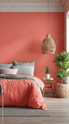 Cozy Bedroom With Coral Wall and Stylish Decor in Bright Daylight