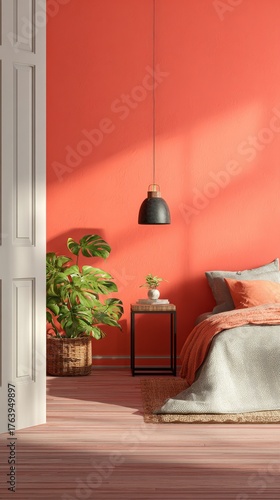 Stylish Bedroom With Coral Walls and Modern Decor in a Cozy Home Setting