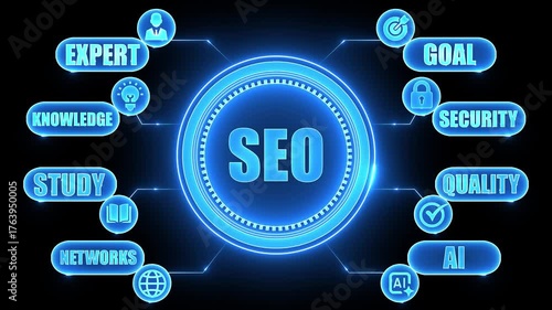 SEO digital concept with glowing neon icons for expert knowledge study networks goal security quality and AI