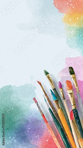 Colorful Paintbrushes Resting Against a Vibrant Watercolor Backdrop for Creat...