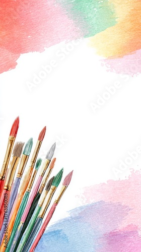Colorful Paintbrushes Resting Against a Vibrant Watercolor Backdrop for Creat...