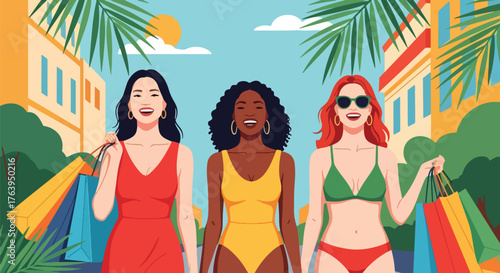 Flat vector of women shopping in city streets with colorful bags, joyful friendship and modern lifestyle illustration