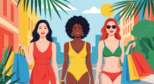 Flat vector of women shopping in city streets with colorful bags, joyful friendship and modern lifestyle illustration